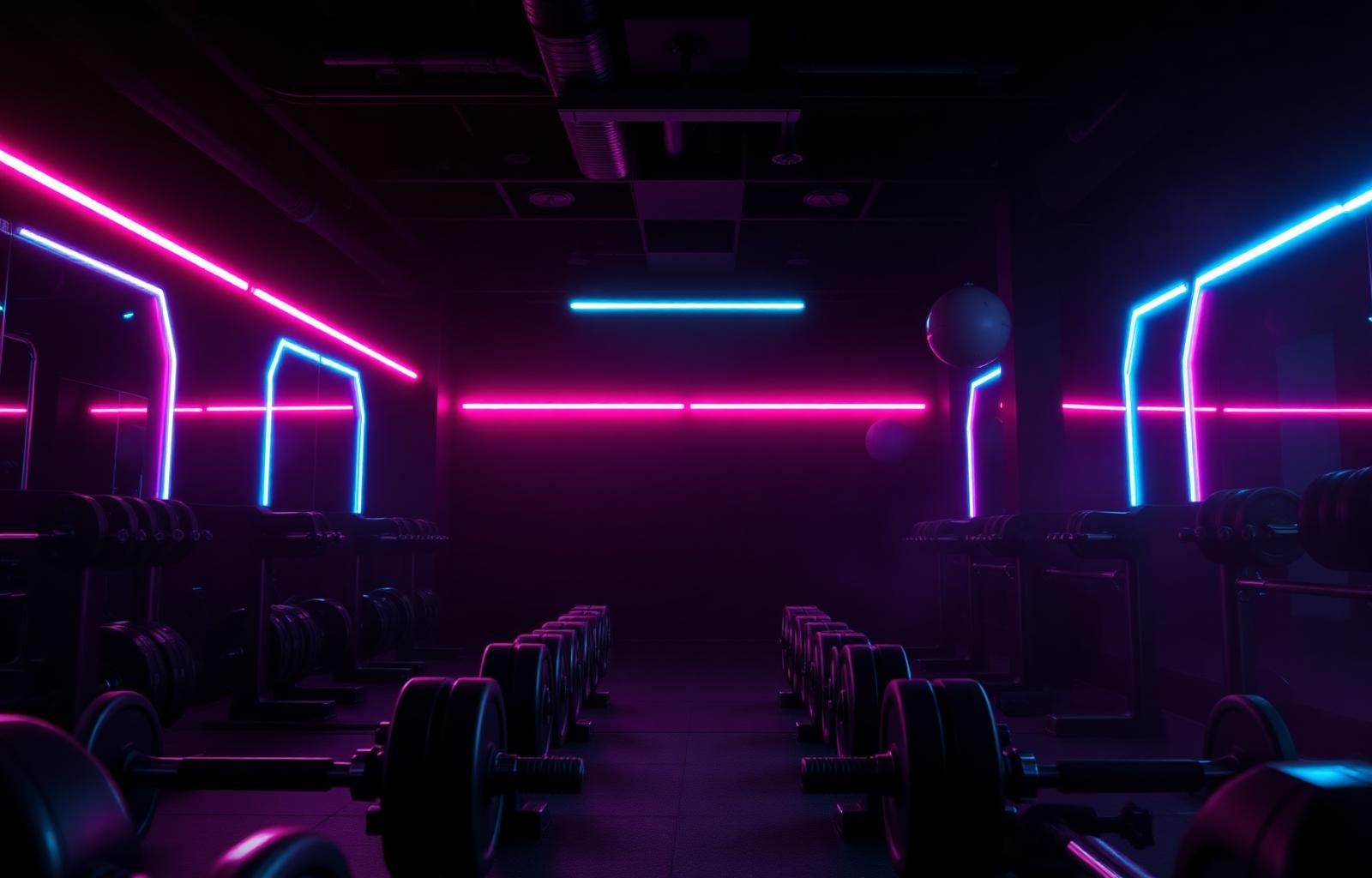 Neon-lit gym at night